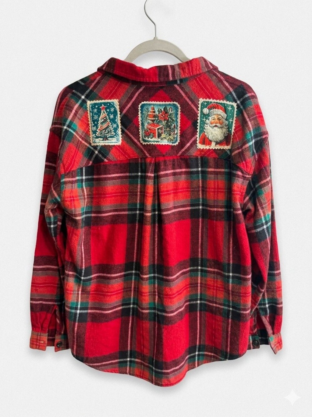 Upcycled Red Holiday Flannel Shirt/ Santa Patches/ Womens / Large / Ptp-24”